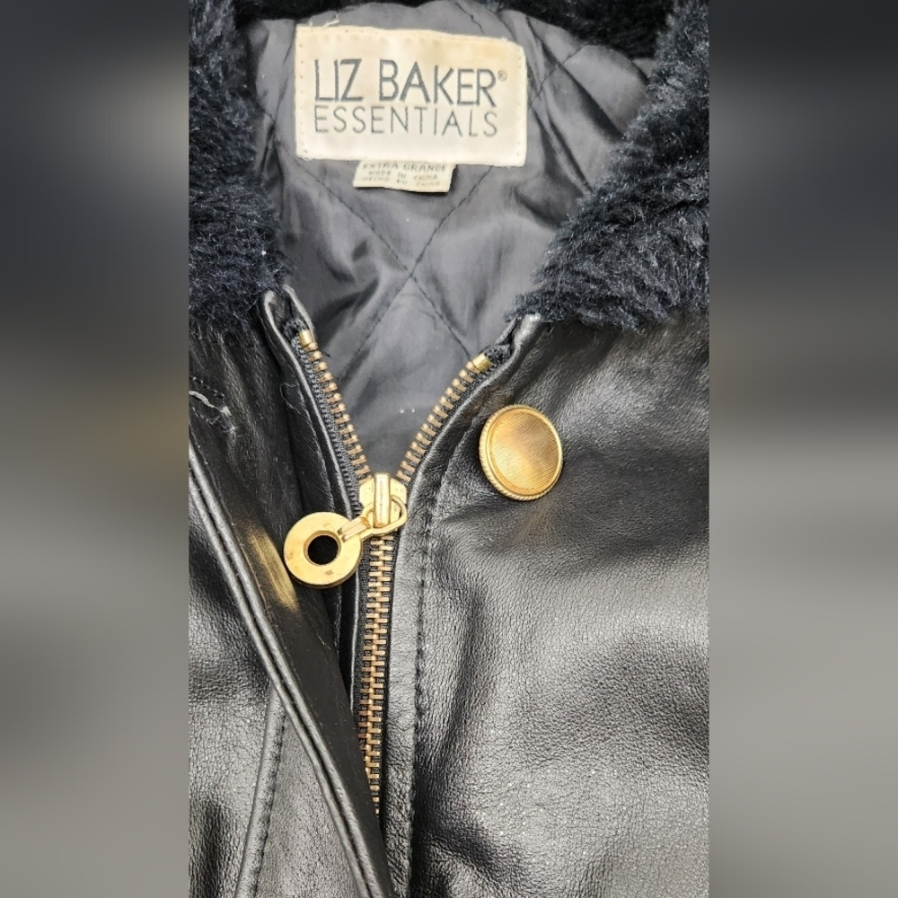 Liz Baker Essentials Mid-Length Black Leather Coat With Hood.  XL - Picture 4 of 9